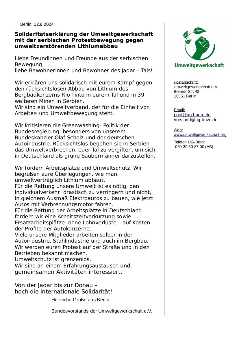 Solidaritaetserklaerung der Umweltgewerkschaft mit Ne damo Jadar Serbien 827
