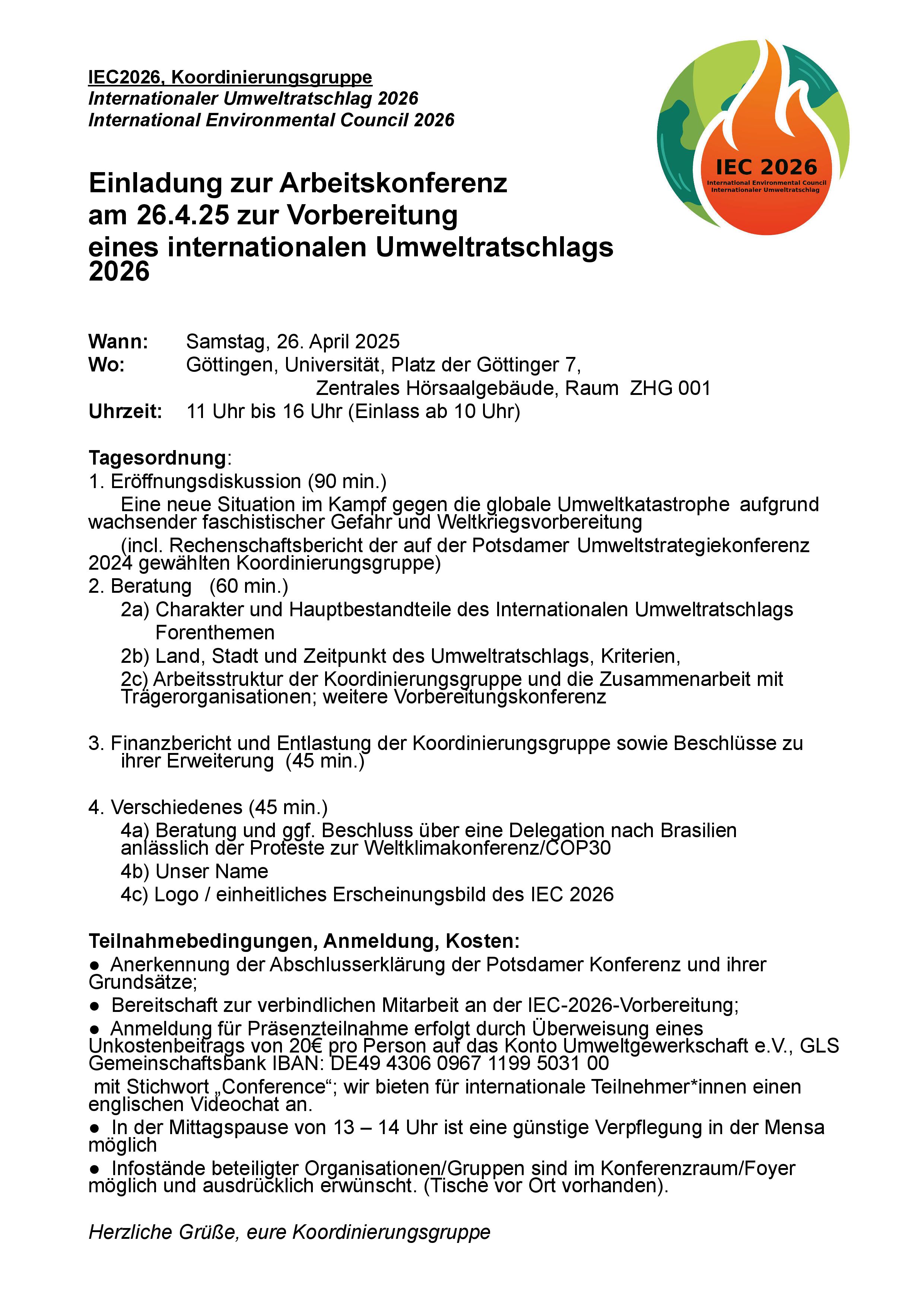 EINLADUNG IEC Umweltratschlag Arbeitskonferenz 26.4.25 in Goettingen