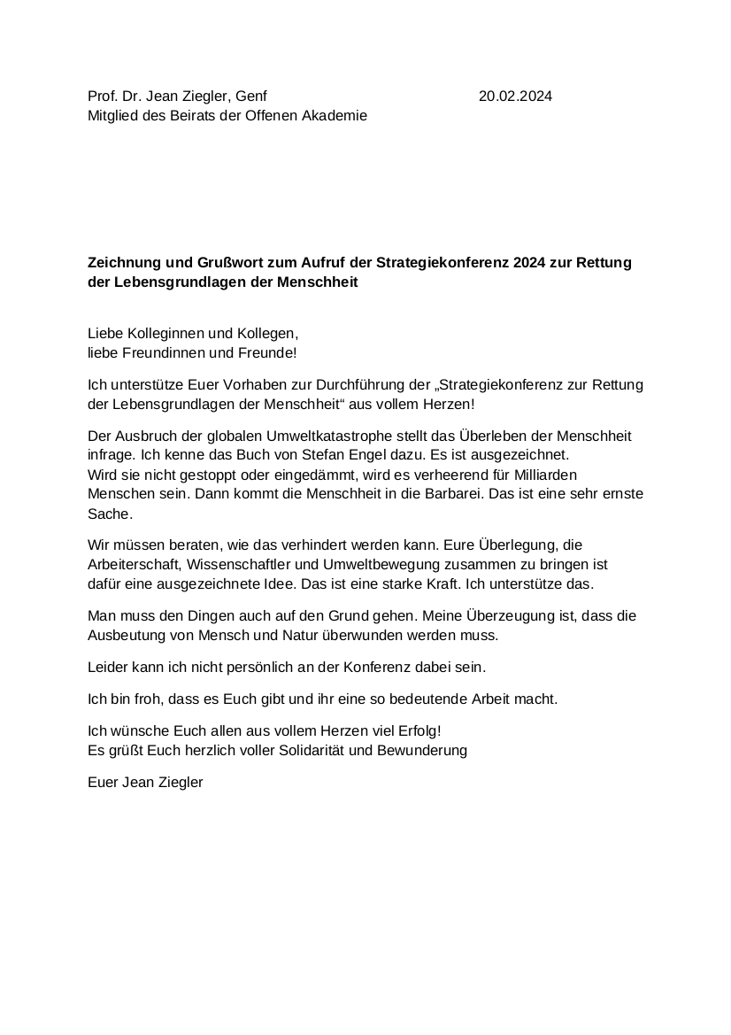 Unterstützungserklärung Strategiekonferenz 2024 Prof Jean Ziegler